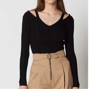 EUC Sandro Paris Nolwene Black Cut Out Knit Top Size 1 Small Ribbed Long Sleeve